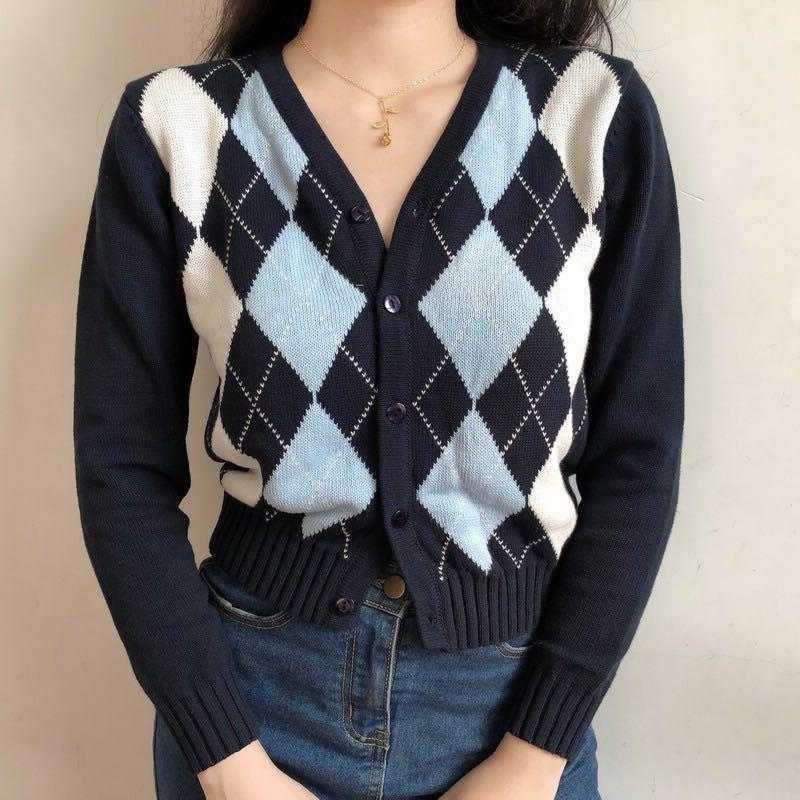 Classic Retro Color block Argyle Print Button Down Sweaters on sale - SOUISEE