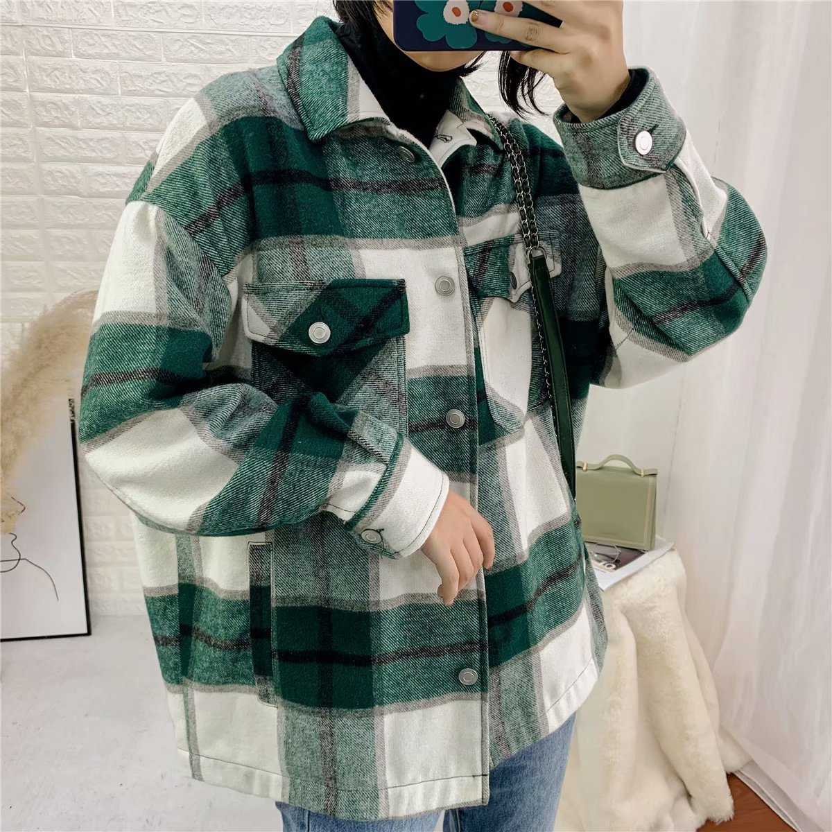 Classic Thick Colorblock Checked Button Down Woolen Shirt Jacket on sale - SOUISEE