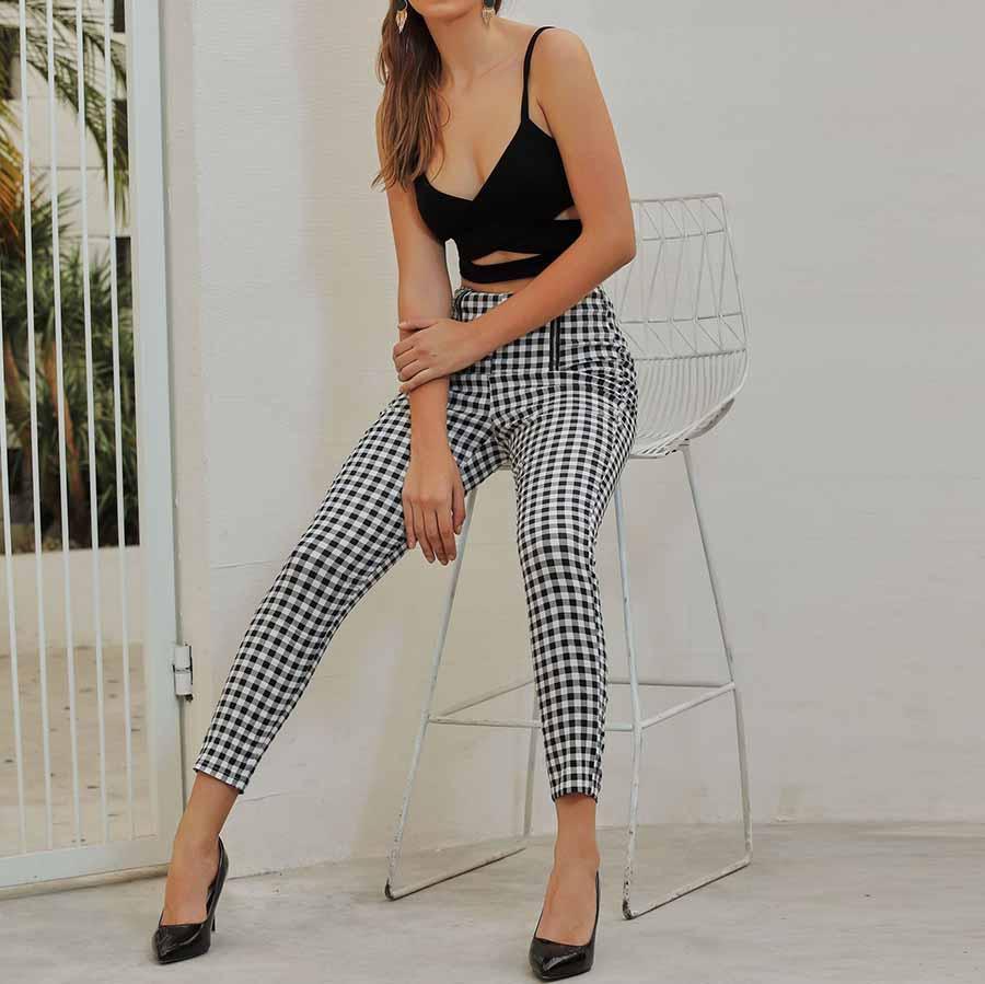 Classic Tummy Slimming Checked Trousers Stretch Skinny Pants on sale - SOUISEE