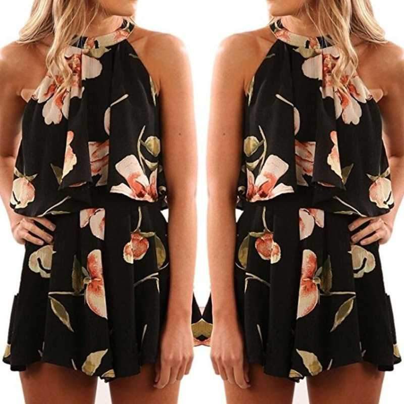 Tie Back Halter Top Floral Prints Two Piece Romper Jumpsuits on sale - SOUISEE