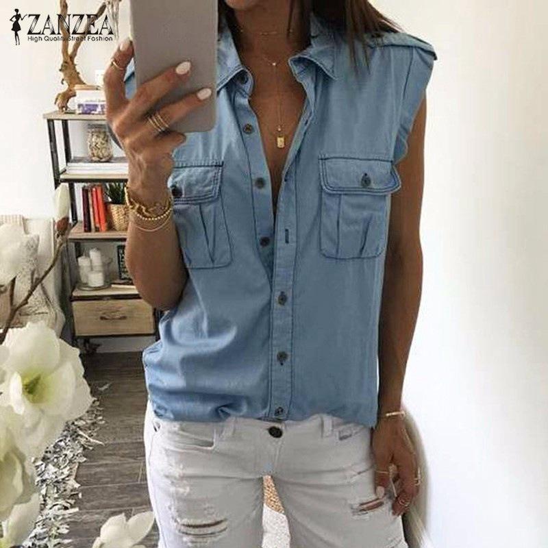 Casual Button Up Sleeveless Denim Shirt Blouses on sale - SOUISEE