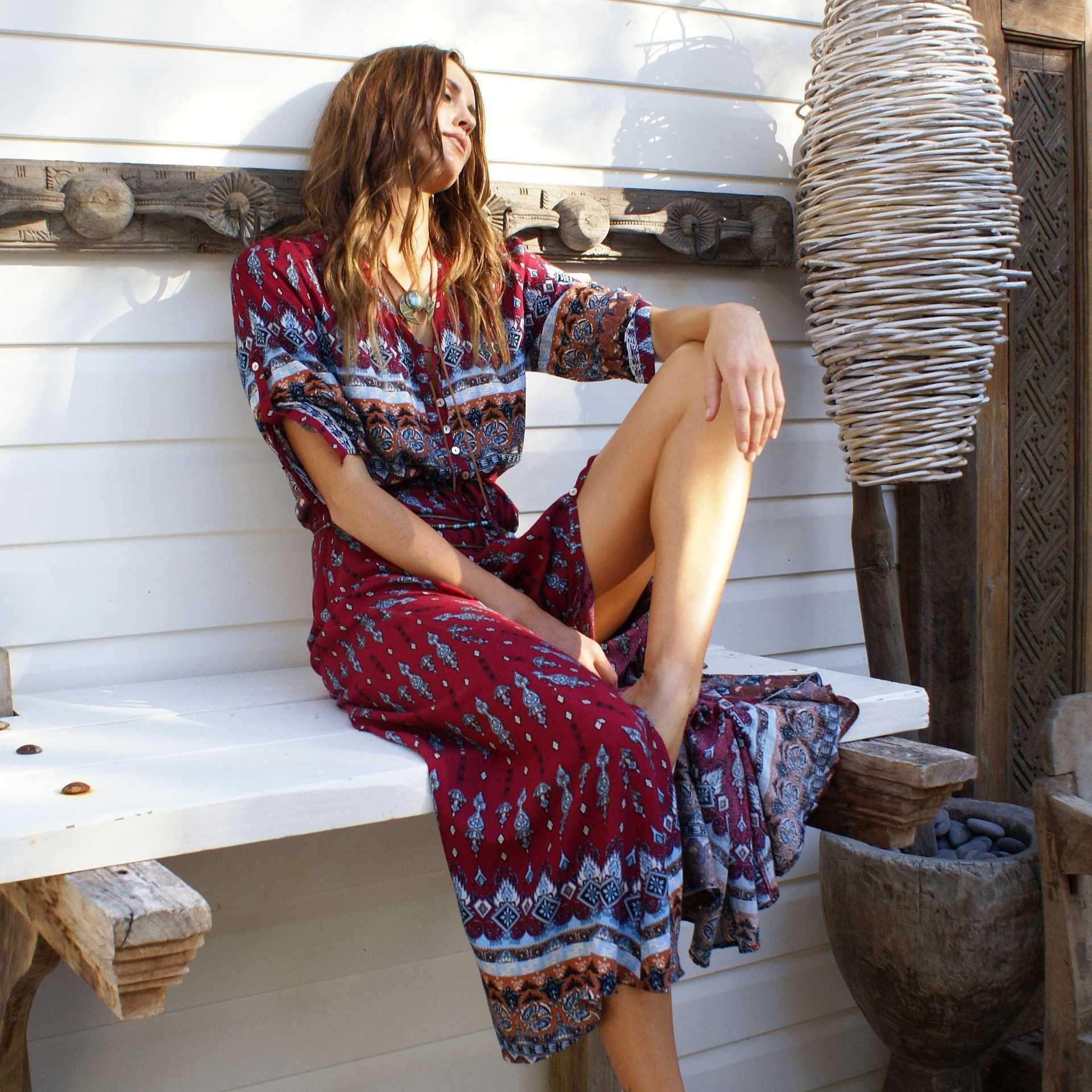 Hippie Gypsy Boho Long Beach Dress Maxi Cover Ups Beachwear on sale - SOUISEE