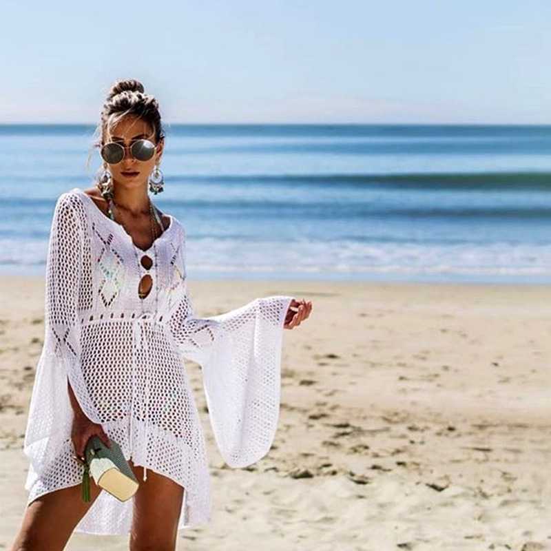 Boho High Low Puff Sleeve Crochet Beach Dress Swim Cover Ups on sale - SOUISEE