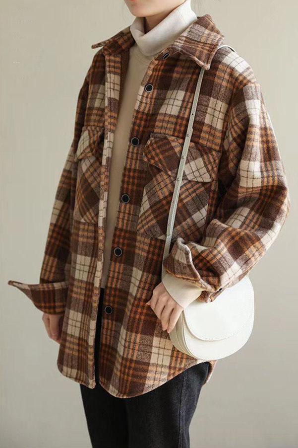 Classic Thick Colorblock Checked Button Down Woolen Shirt Jacket on sale - SOUISEE