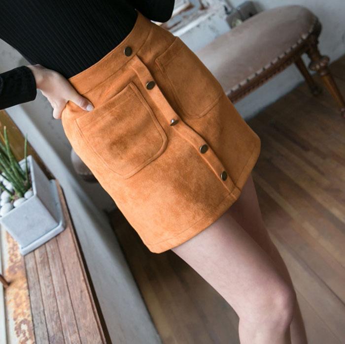 Front Button Up High Waisted Mini Suede Skirt on sale - SOUISEE