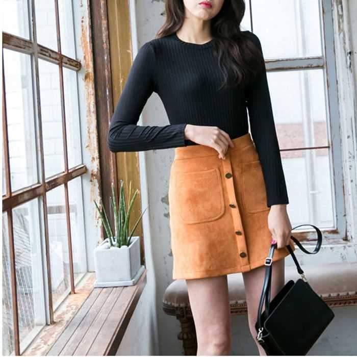 Front Button Up High Waisted Mini Suede Skirt on sale - SOUISEE