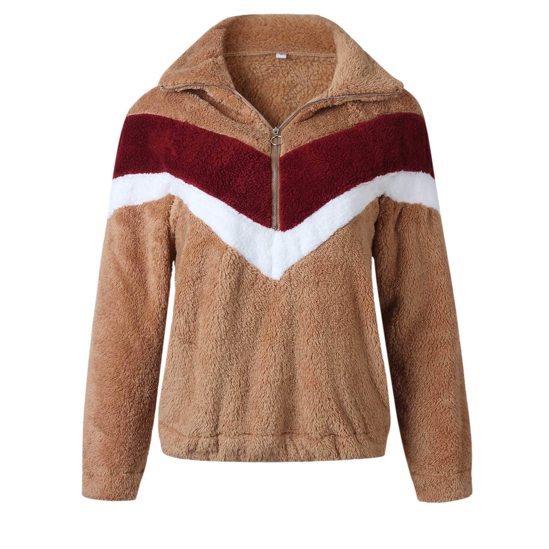 Cozy Colorblock Chevron Half Zip Sherpa Pullover Faux Fur Sweatshirt Jacket on sale - SOUISEE