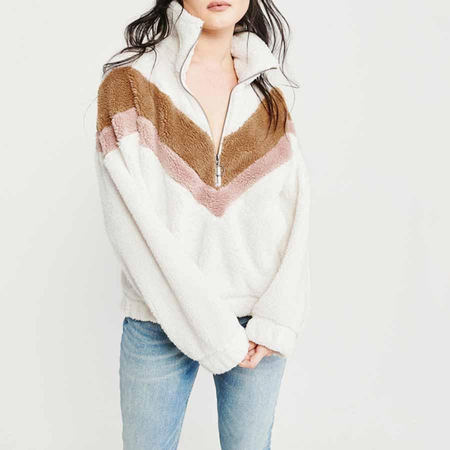 Cozy Colorblock Chevron Half Zip Sherpa Pullover Faux Fur Sweatshirt Jacket on sale - SOUISEE