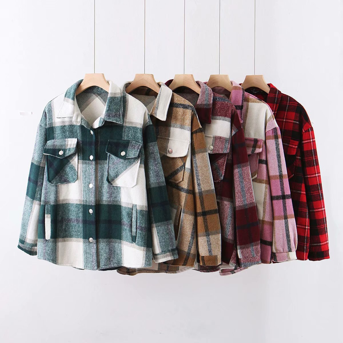 Classic Thick Colorblock Checked Button Down Woolen Shirt Jacket on sale - SOUISEE