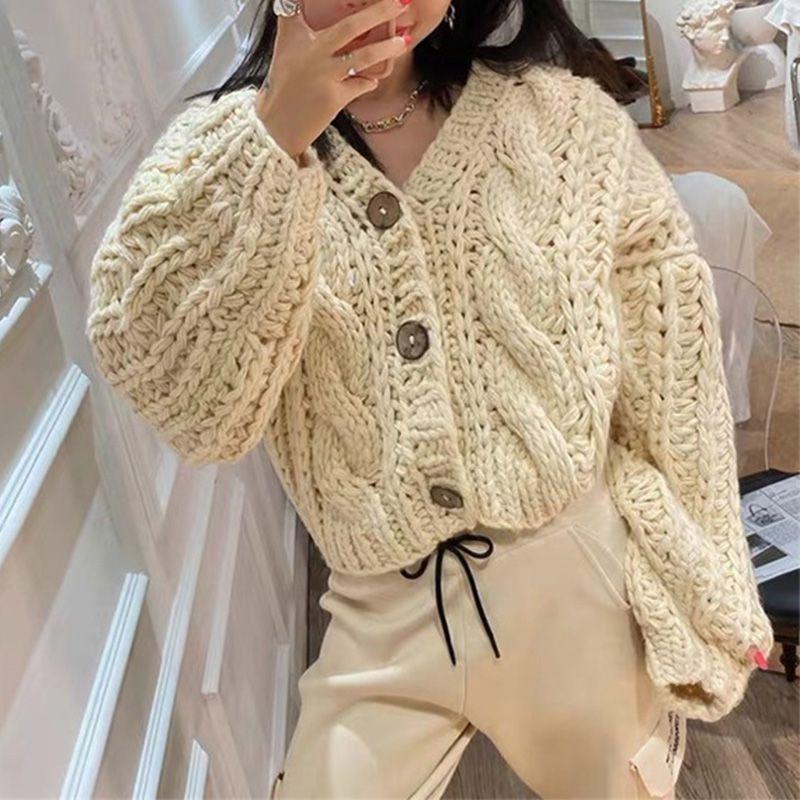 Hand Knitted Braid Chunky Cable Knit V Neck Button Crop Cardigan Sweater on sale - SOUISEE