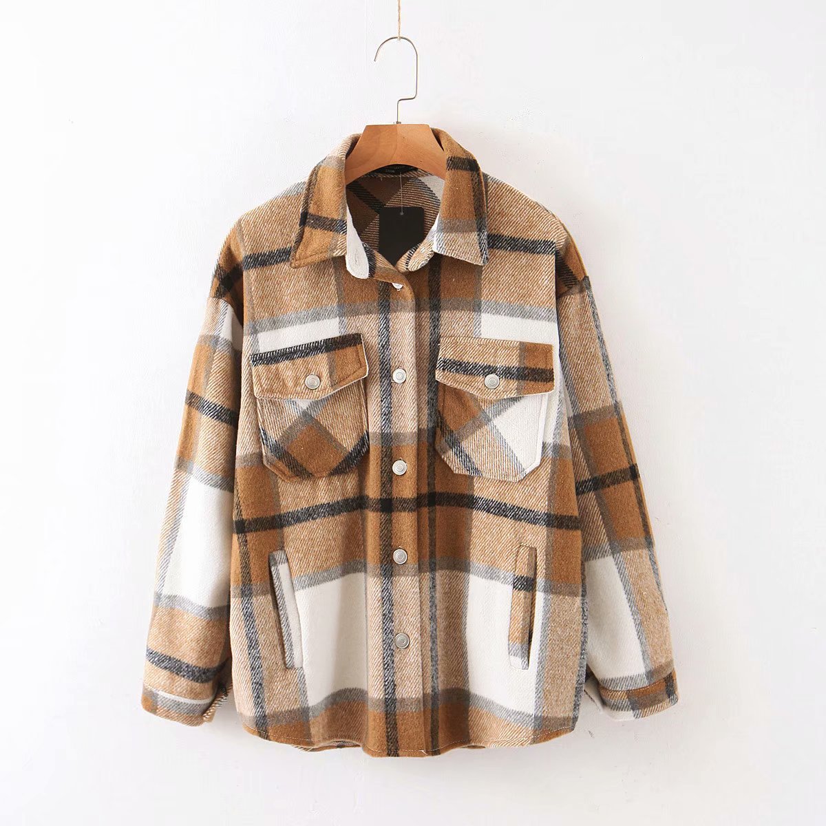 Classic Thick Colorblock Checked Button Down Woolen Shirt Jacket on sale - SOUISEE