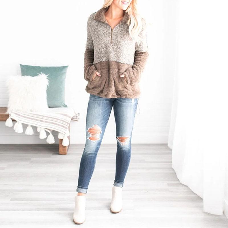 Two Toned Fuzzy Sherpa Fleece Pullover Jacket on sale - SOUISEE