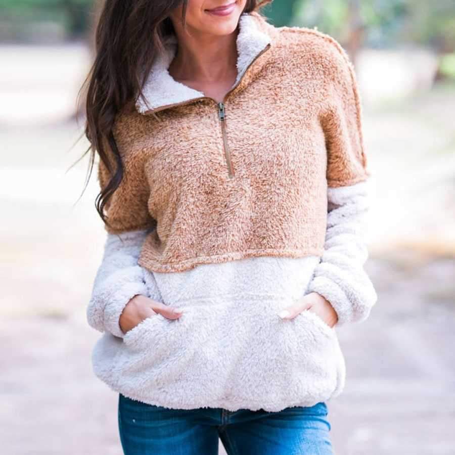 Two Toned Fuzzy Sherpa Fleece Pullover on sale - SOUISEE