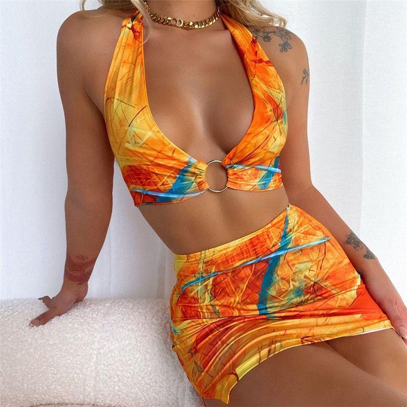 Retro Color Block Tie Back Halter Neckline O Ring Two Piece Dress Set on sale - SOUISEE