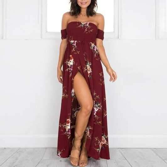 Off The Shoulder Maxi Slit Dress Boho Floral Prints on sale - SOUISEE