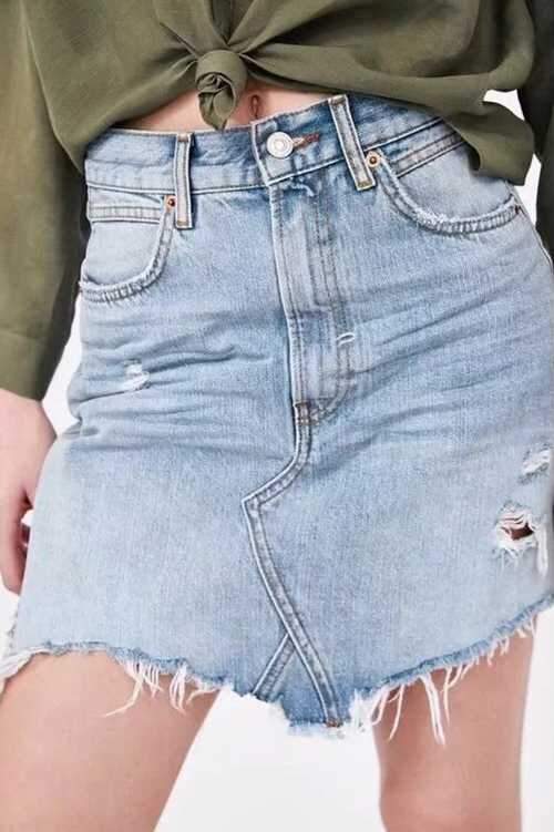 Vintage Washed Distressed Notched Light Denim Mini Skirt on sale - SOUISEE