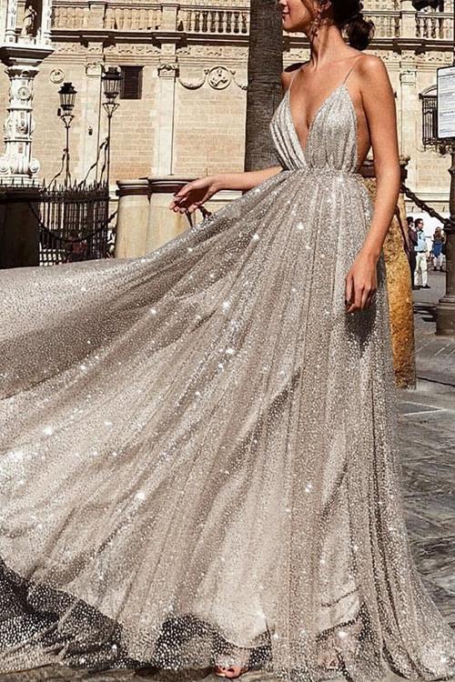 Sparkly Plunge Sequin Mesh Overlay Long Backless Prom Gown Dresses on sale - SOUISEE