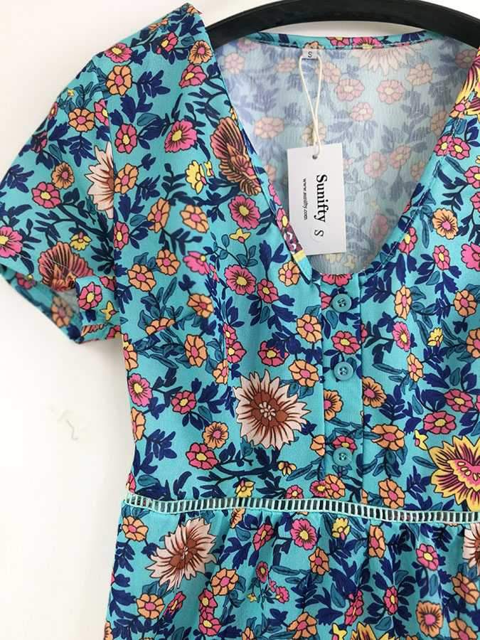 Trimming Boho Floral Button Down Flowy Mini Dress on sale - SOUISEE