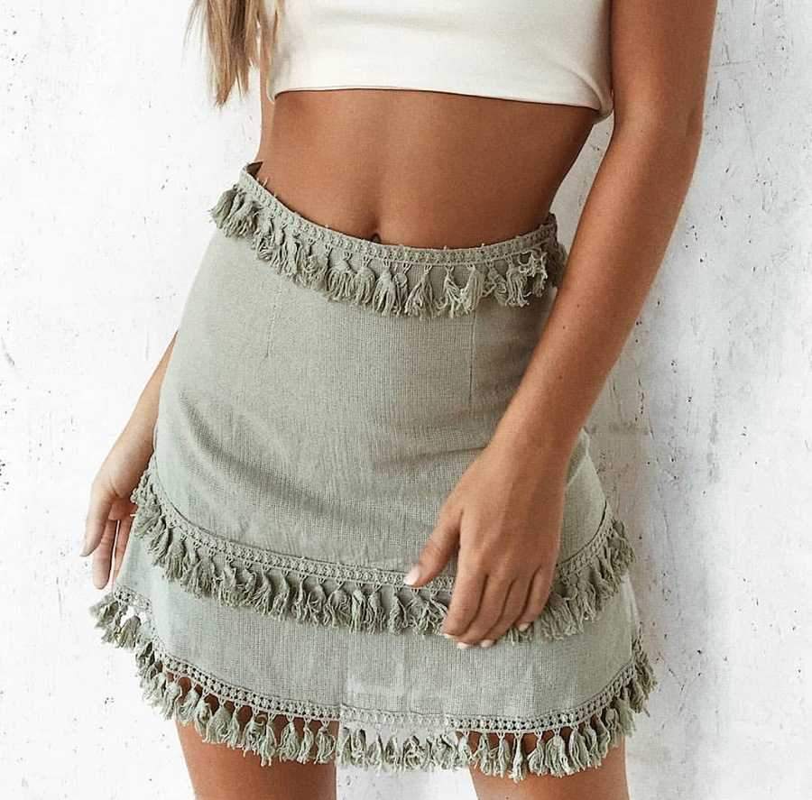 Linen Cotton Boho Chic Layered Tassels High Waist Pom Poms Mini Skirts on sale - SOUISEE