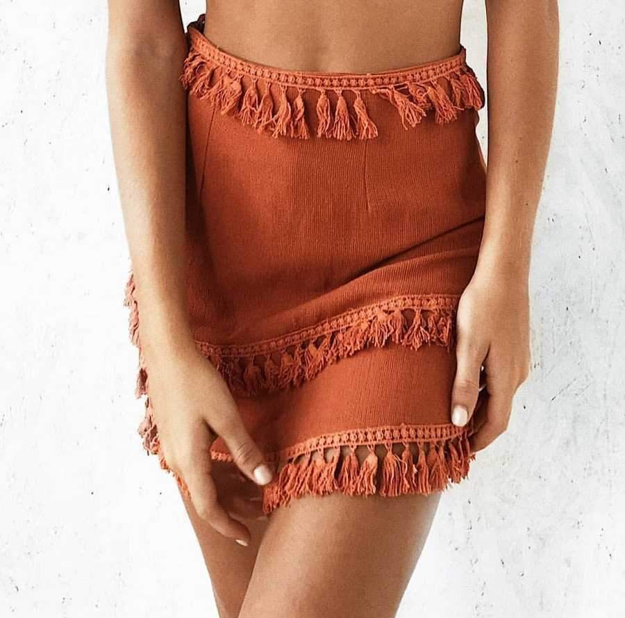 Linen Cotton Boho Chic Layered Tassels High Waist Pom Poms Mini Skirts on sale - SOUISEE