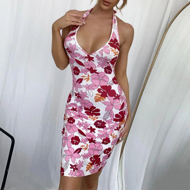 Hibiscus Garden Peony Flowers Hawaiian Floral Print V Halter Neck Bodycon Dress on sale - SOUISEE