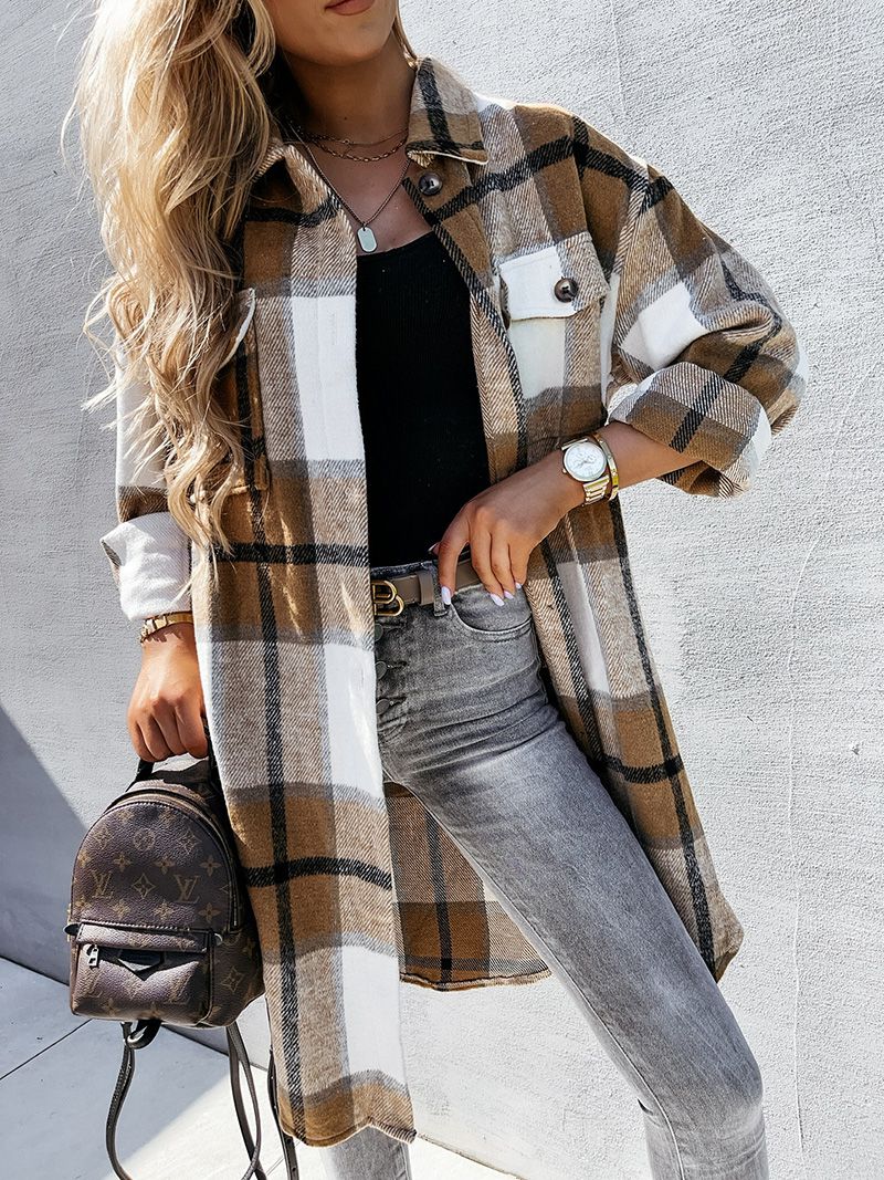 Wool Blend Longline Plaid Shacket Long Checked Peacoat on sale - SOUISEE