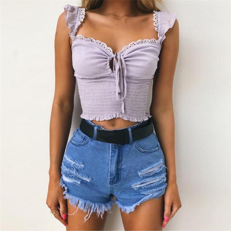 Lace Trimmed Ruffle Strap Front Tie Up Women's ruched Crop Top on sale - SOUISEE