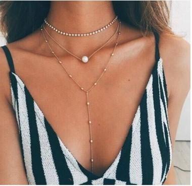 Silver Diamond Pendant Necklace Layered Long Necklace Pearl Choker on sale - SOUISEE