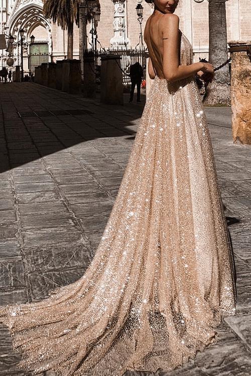 Sparkly Plunge Sequin Mesh Overlay Long Backless Prom Gown Dresses on sale - SOUISEE