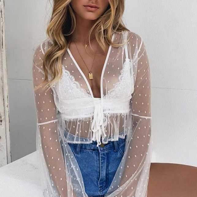 Dotted Tie Front Plunge White Sheer Mesh Lace Peplum Top Blouse on sale - SOUISEE