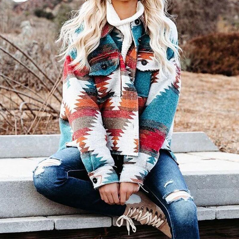 Hippie Tribal Western Retro Aztec Print Pattern Jacket Houndstooth Shacket on sale - SOUISEE