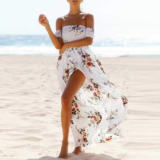 Off The Shoulder Maxi Slit Dress Boho Floral Prints on sale - SOUISEE