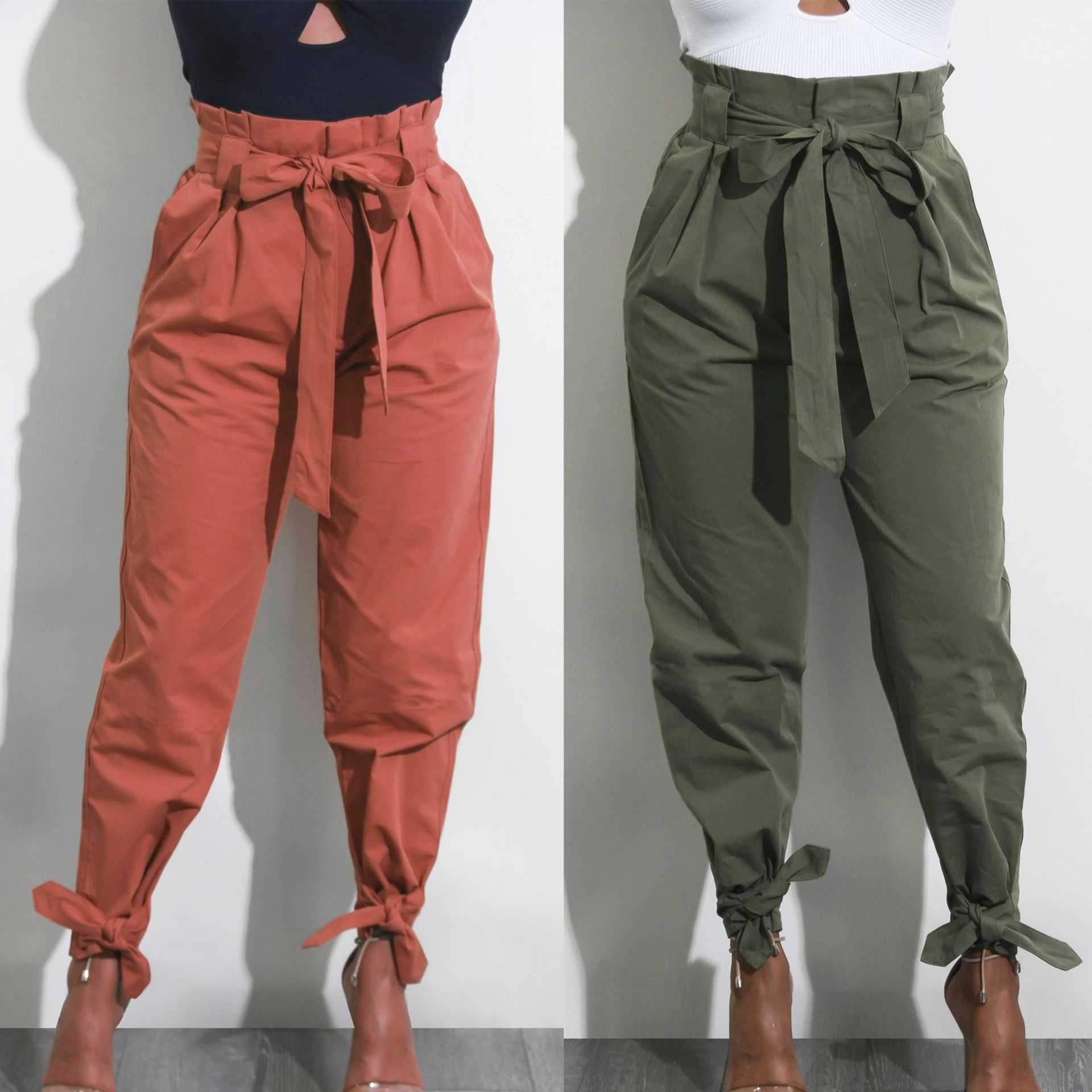 High Waisted Bow Tie Waist Cargo Pants Baggy Trousers on sale - SOUISEE