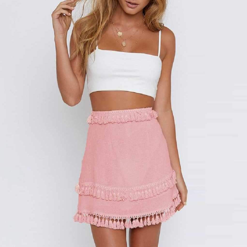 Linen Cotton Boho Chic Layered Tassels High Waist Pom Poms Mini Skirts on sale - SOUISEE