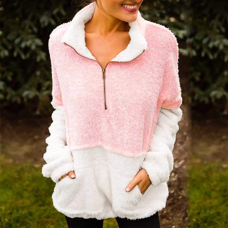 Two Toned Fuzzy Sherpa Fleece Pullover Jacket on sale - SOUISEE