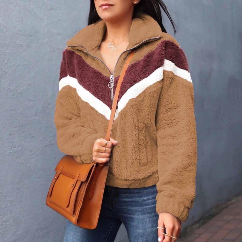 Cozy Colorblock Chevron Half Zip Sherpa Pullover Faux Fur Sweatshirt Jacket on sale - SOUISEE