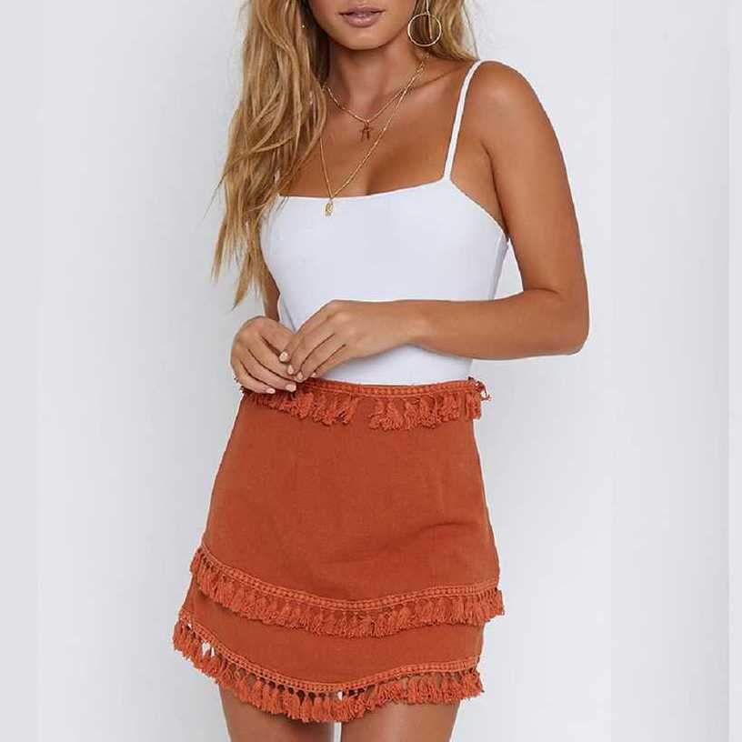 Linen Cotton Boho Chic Layered Tassels High Waist Pom Poms Mini Skirts on sale - SOUISEE