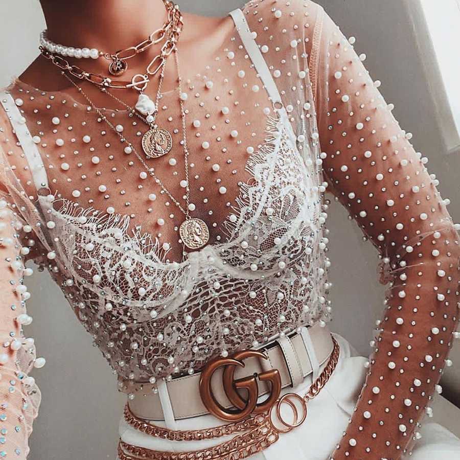 Pearls and crystals sheer mesh dress