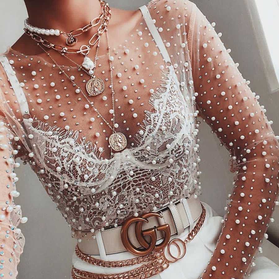 Fabulous Pearls And Rhinestone Studded Embellished Sheer Mesh Lace Shirts on sale - SOUISEE