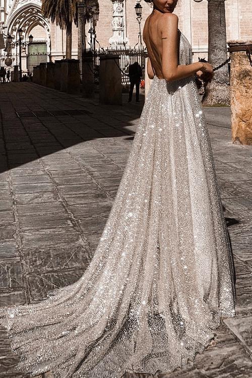 Sparkly Plunge Sequin Mesh Overlay Long Backless Prom Gown Dresses on sale - SOUISEE