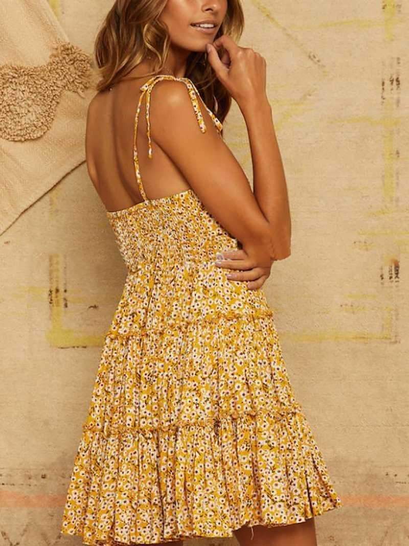 Mustard Yellow Floral Tie Shoulder Ruffle Dress With Frills at bottom on sale - SOUISEE