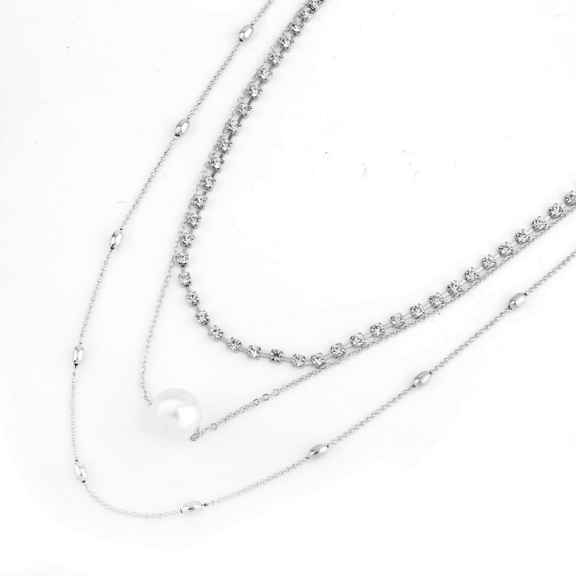 Silver Diamond Pendant Necklace Layered Long Necklace Pearl Choker on sale - SOUISEE