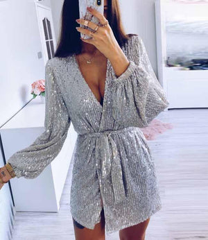 Glitter Deep V Neck Tie Waist Long Sleeve Sparkly Dress on sale - SOUISEE