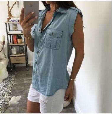 Casual Button Up Sleeveless Denim Shirt Blouses on sale - SOUISEE