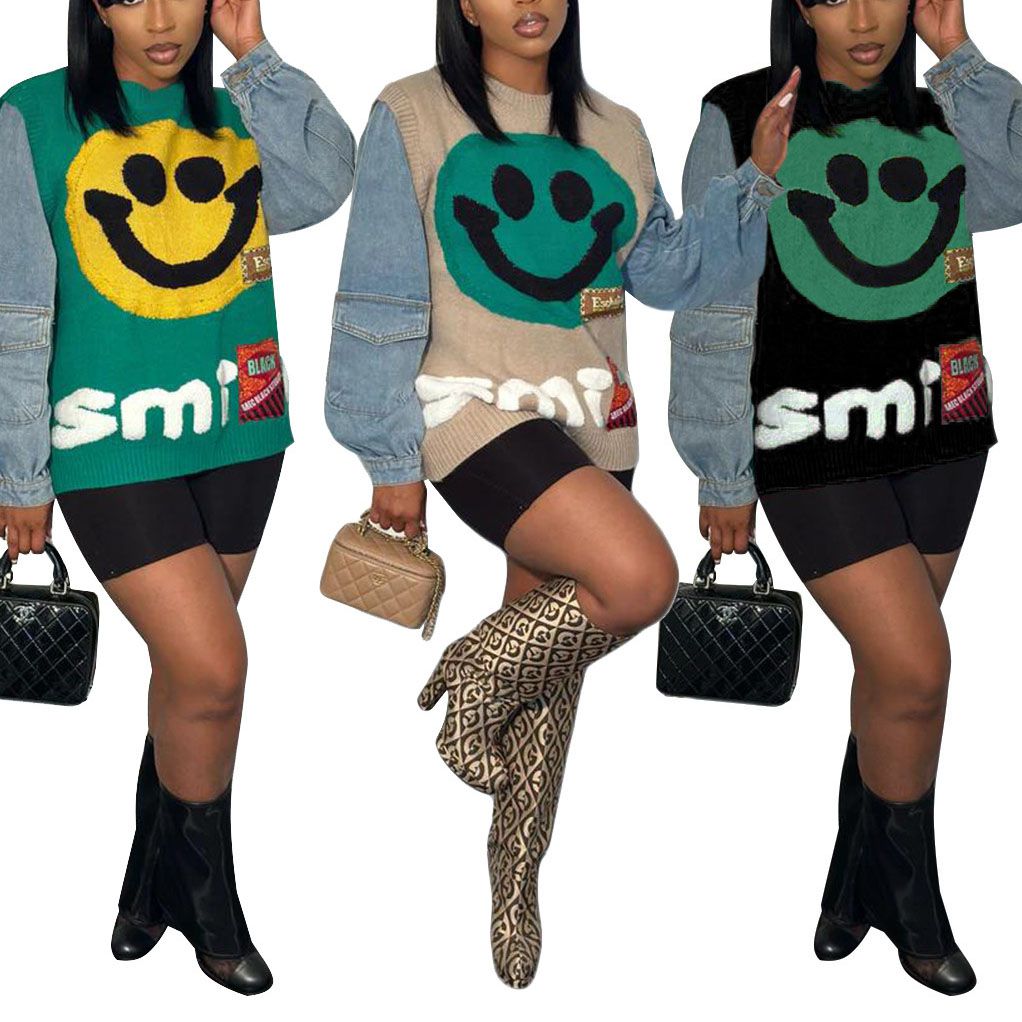 Y2k Smiley Face Fuzzy Embroidered Color Block Knit Denim Sweatshirt Coat