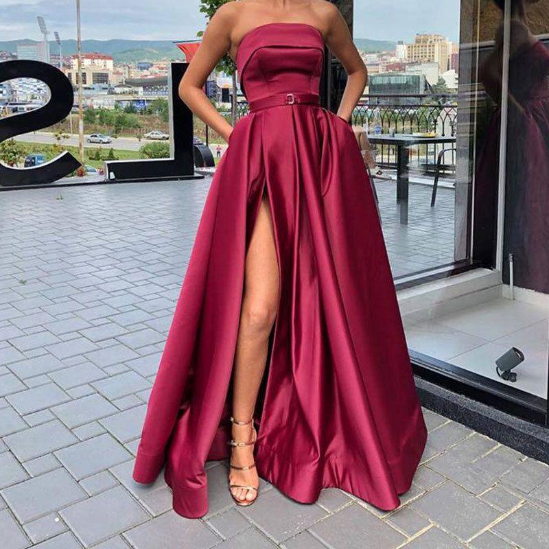 Classy Satin Bandeau Maxi Dress With Split Leg on sale - SOUISEE