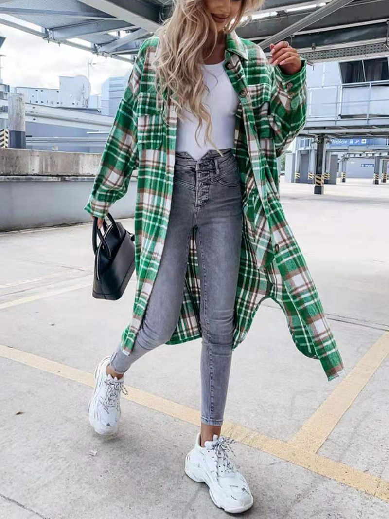 Wool Blend Longline Plaid Shacket Long Checked Peacoat on sale - SOUISEE