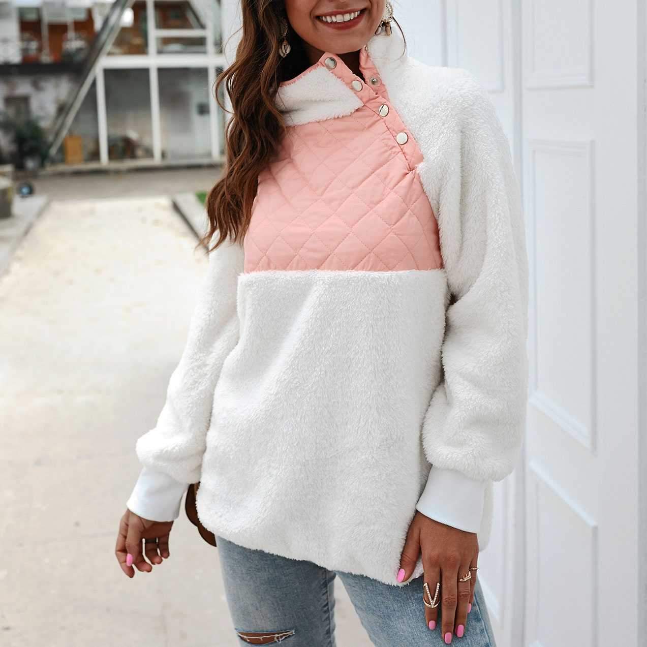 Colorblock Wubby Asymmetrical Snap Up Fleece Pullover Sweatshirt on sale - SOUISEE