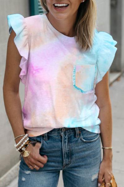 Rainbow Tie Dye T Shirt With Ruffle Shoulders on sale - SOUISEE