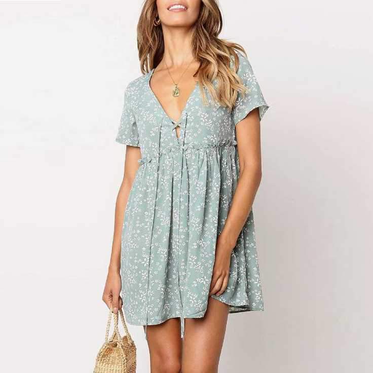 Stomach Hide Casual Deep Plunge Front Tie Shift Swing Dress on sale - SOUISEE